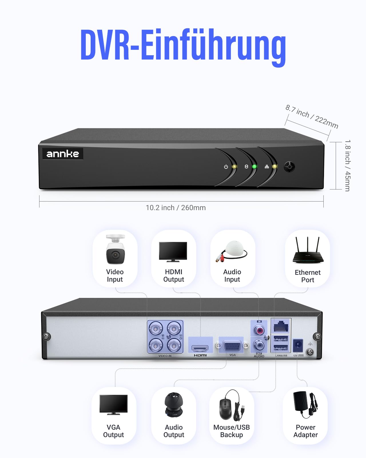 ANNKE 3K/5MP Lite 4CH 5 in 1 Registratore DVR di Sicurezza mit Personen- und Fahrzeugerkennung per Sistema di Telecamere CCTV, Unterstützt 4 Analoge und 1 IP Kameras, ohne Festplatte | 5-in-1-Sicherheits-DVR-Rekorder, unterstützt 4 analoge Kameras/AHD/TVI