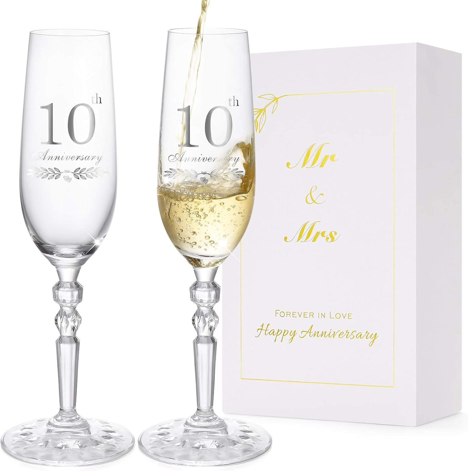 10th Anniversary Decorations Gifts for Couple, Classical Style 10th Wedding Anniversary Champagne Flutes Glasses, Crystal Champagne Glasses Set of 2, Gifts for husband, wife, Couple