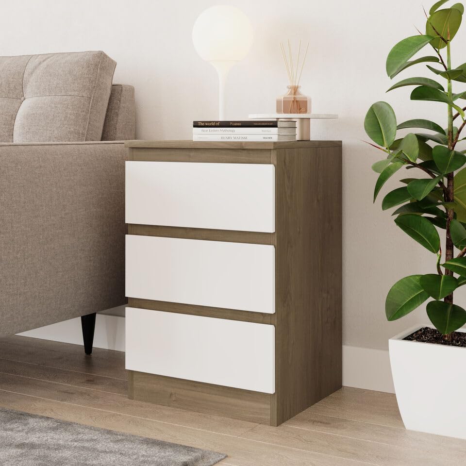 URBNLIVING 62cm Height 3 Drawers - Bedroom Storage Cabinet with Smooth Metal Runner - Modern Chest of Drawers Dresser Bedside Table for Bedroom Living Room Office Hallway