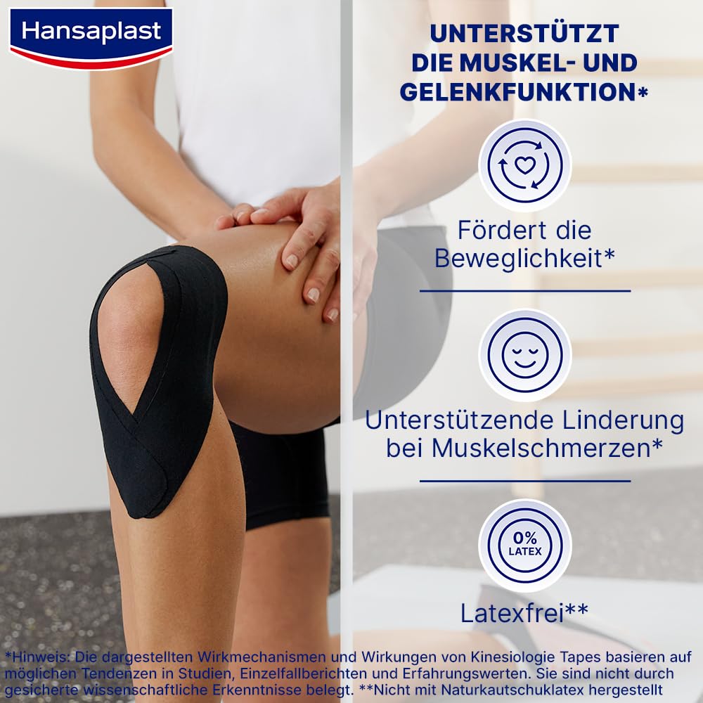 Hansaplast Taśma kinezjologiczna, wodoodporna taśma sportowa łagodzi bóle mięśni i wspomaga krążenie krwi, taśma kinesio zapewnia wsparcie stawów i mięśni*, 1 rolka, czarna