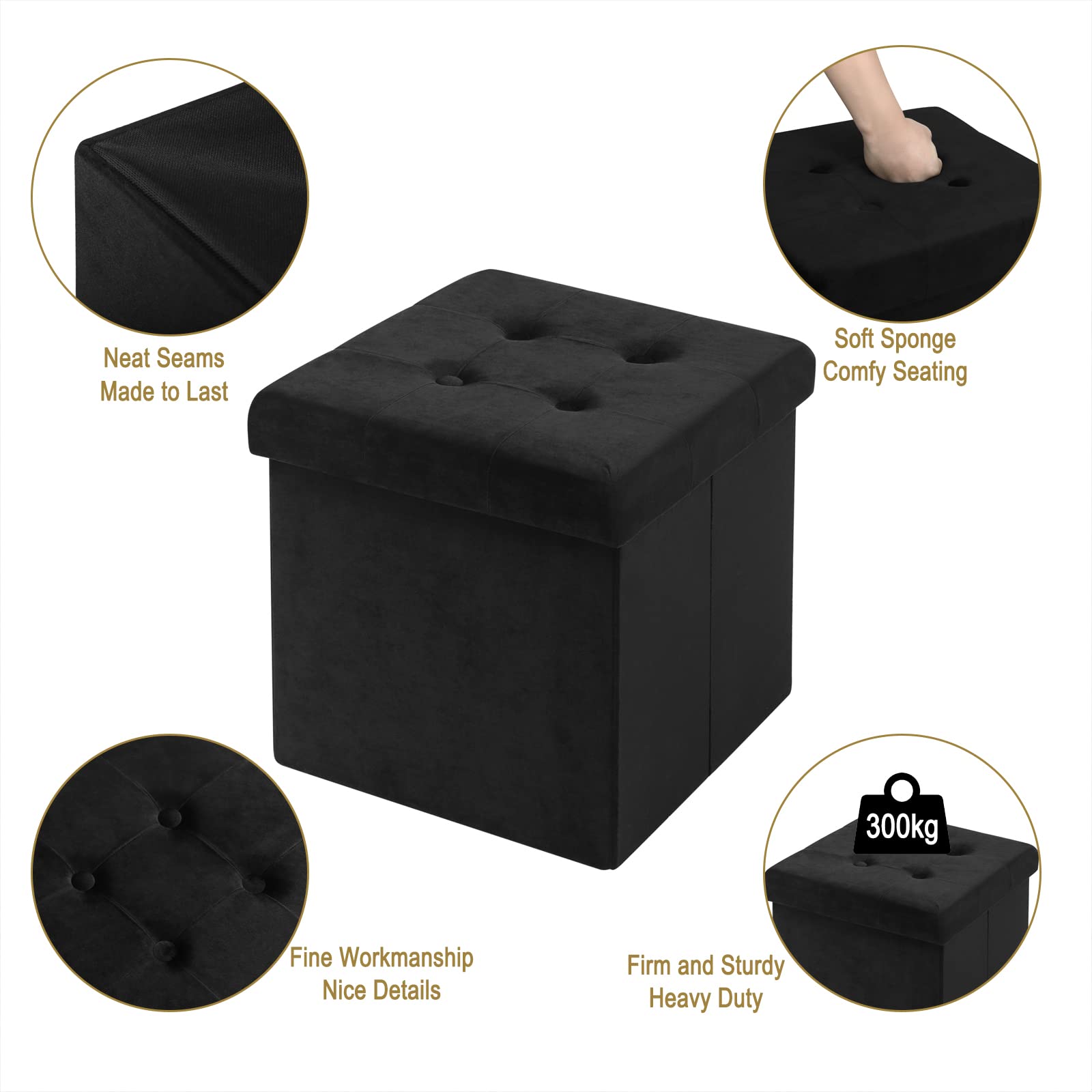 WOLTU Lot de 2 Tabouret Pouf Pliable, Coffre de Rangement Cubique, en Velours, 37,5x37,5x38cm, Noir