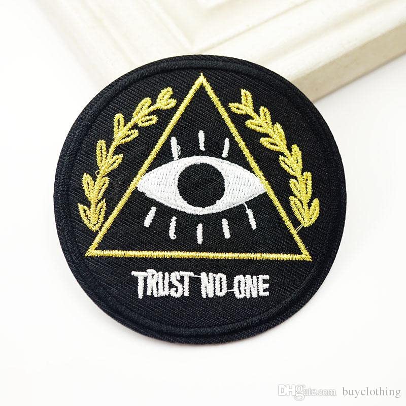 Daily Crafts 1 pc Black Patch with White and Golden Threadwork Unisex Iron on Embroidered Patch Large for Clothing (Evil Eye Trust No One)