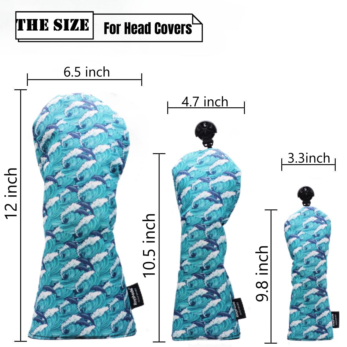 ROYMADE Golf Club Head Covers 3 Pack Waterproof Cloth Head Covers for Driver/Fairway Wood/Hybrid Fit All Golf Clubs Headcover #1#3#5 for All Brands (Dolphins Style)