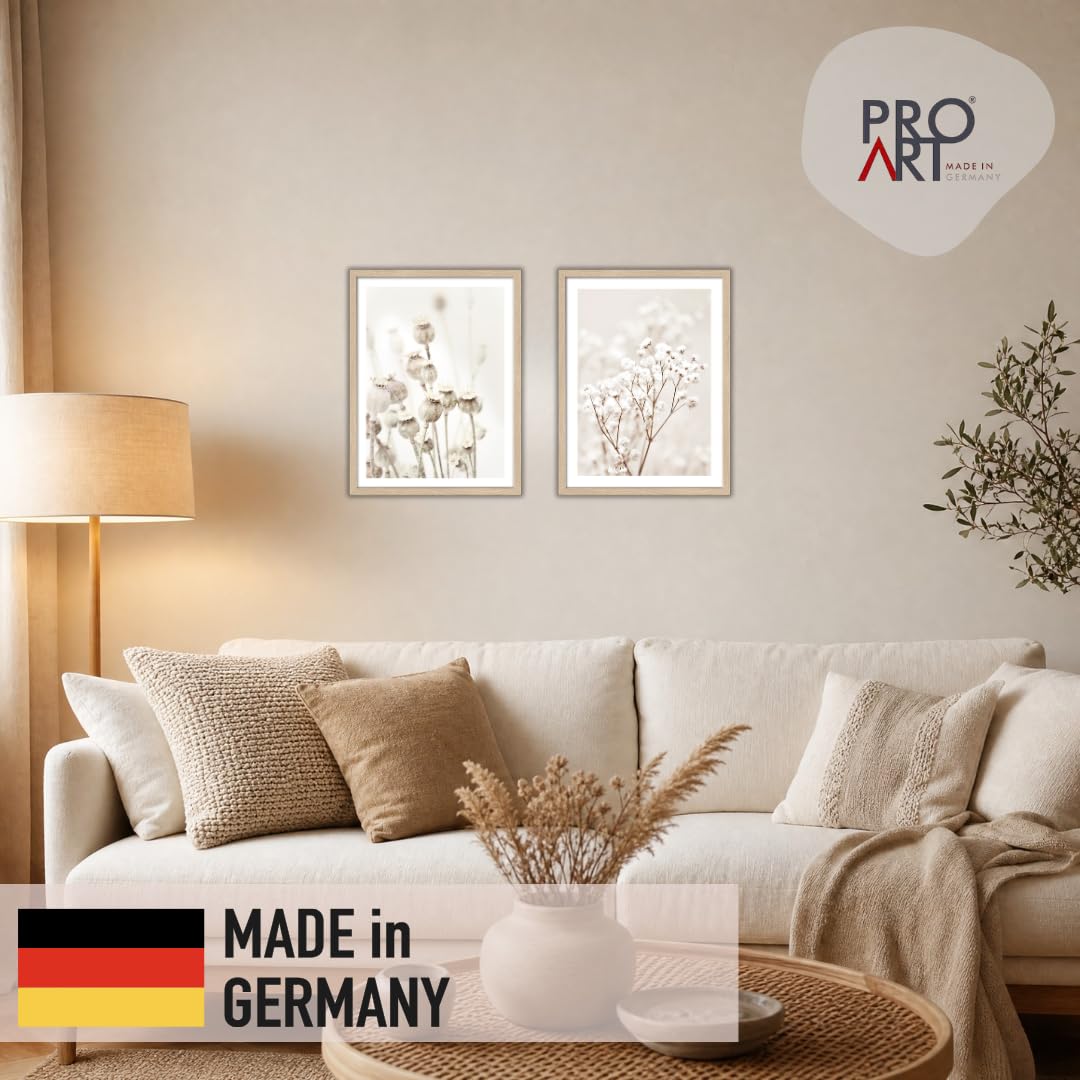 Pro-Art Gerahmte Wandbilder 2er Set 33x43 cm – Zarte Trockenblumen & Mohnkapseln Beige Boho Wanddeko Holzrahmen mit Glasscheibe Wohnzimmer Bilder mit Rahmen – Made in Germany