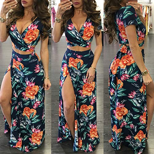 WOKANSE Women's Sexy 2 Piece Outfits Summer Beach Boho Floral Dress V Neck Crop Tops and High Split Maxi Skirt Sets4