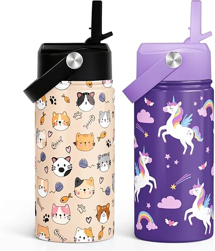 Miniatura 47 de SANDJEST Botella de agua para niños con tapa con pajilla, paquete de 2 botellas de agua aisladas de acero inoxidable de 12 onzas para niñas, taza de