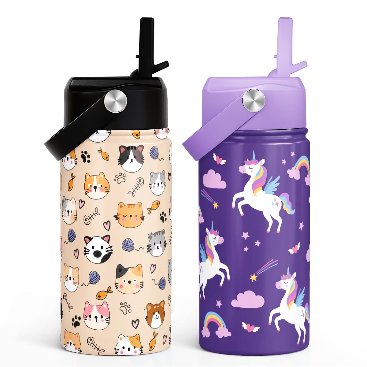 SANDJEST Kids Water Bottle with Straw Lid, Pack of 2 Insulated 12 Oz Stainless Steel Water Bottles for Girls, Travel Cup for School Sports, Cat - Unicorn