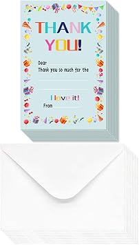 60 Pieces Kids Thank You Cards Fill in the Blank Thank You Notes with Envelopes Colorful Thanks Cards for Birthday Party