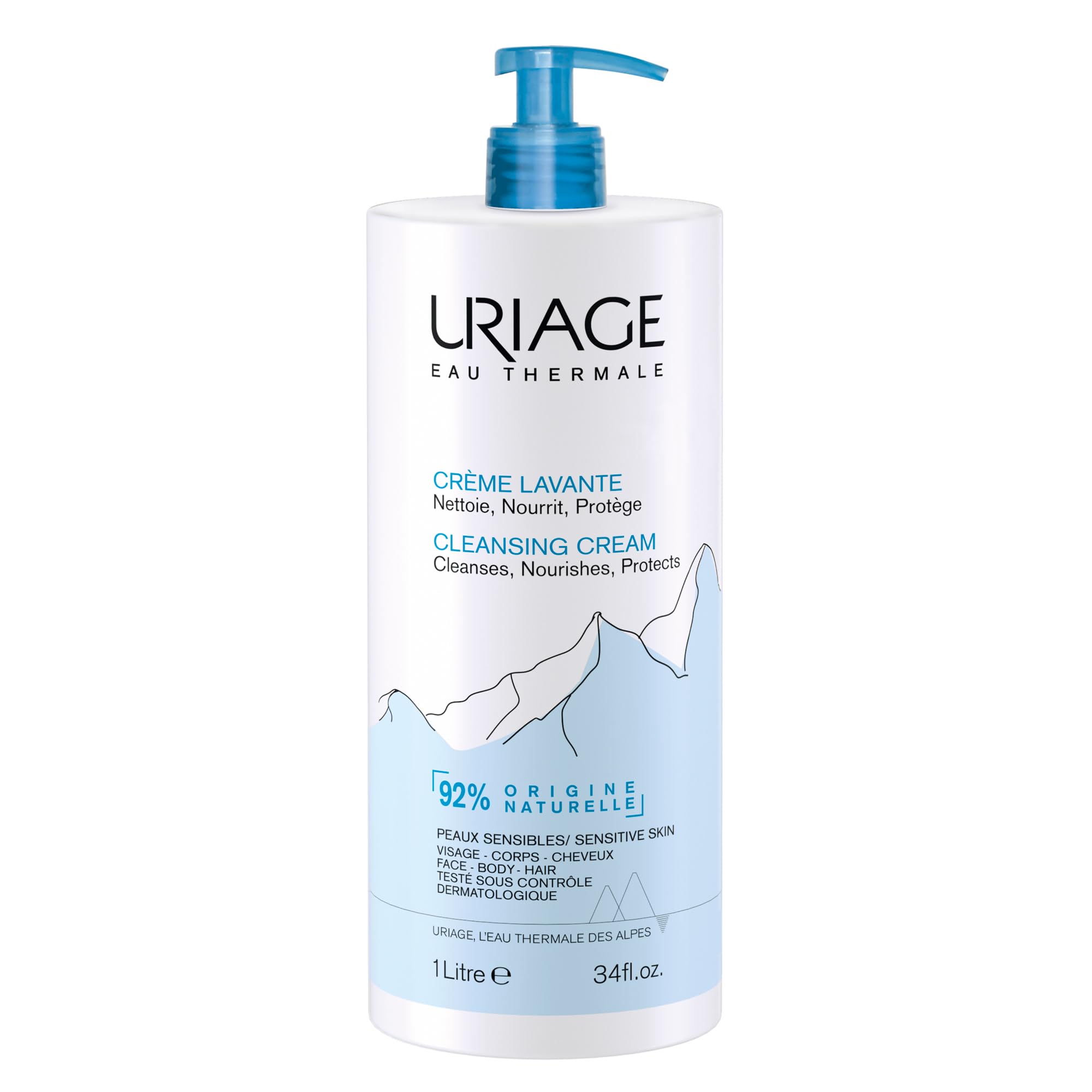 Uriage Cleansing Cream 1L - Moisturizing Body Cleanser with Shea Butter - 2-in-1 Cleansing & Nourishing - Face, Body & Hair - 92% Natural Origin, Paraben & Soap-Free - Physiological pH