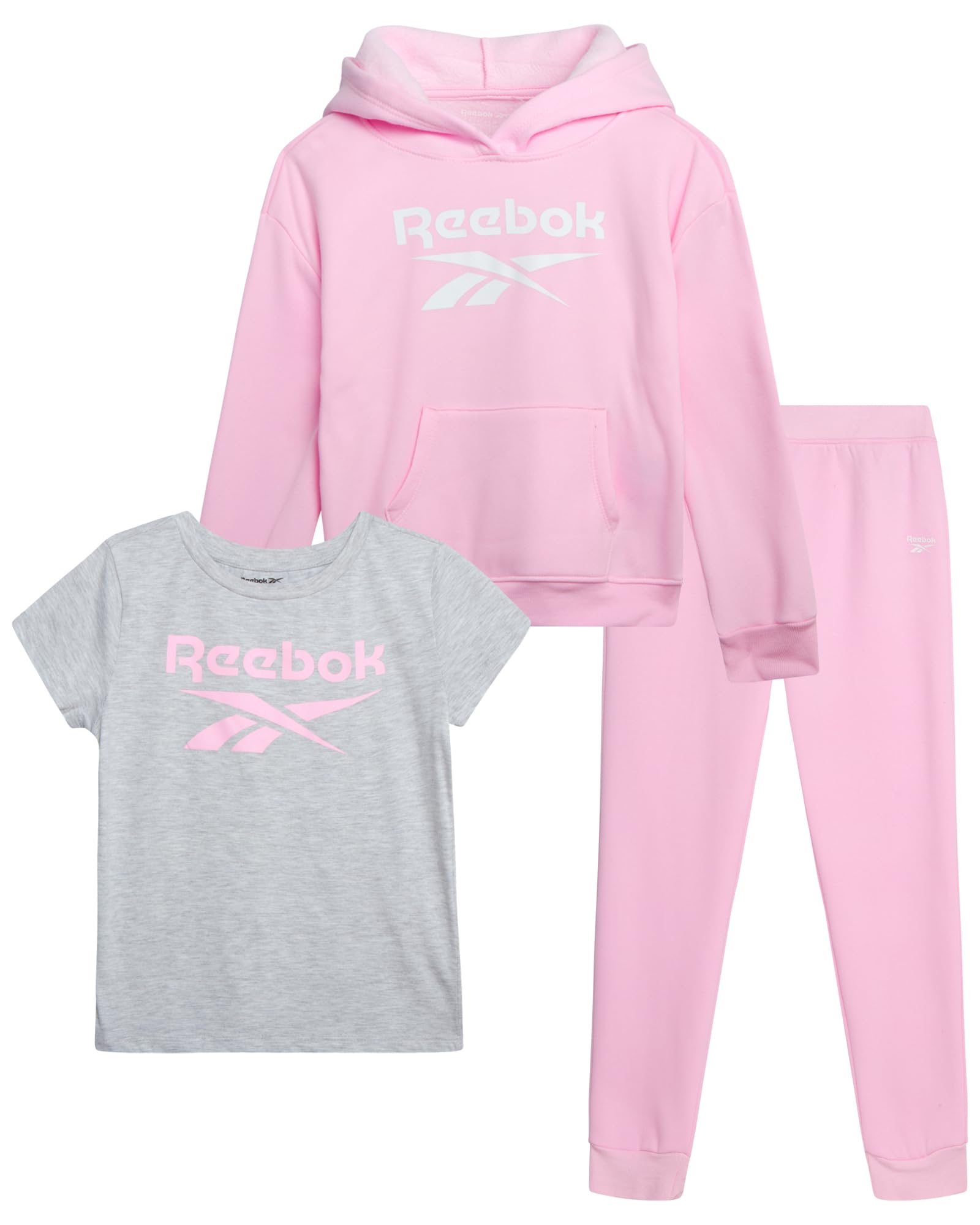 Reebok Girls Pants Set - 3 Piece Soft Fleece Pullover Hoodies and Jogger Sweatpants