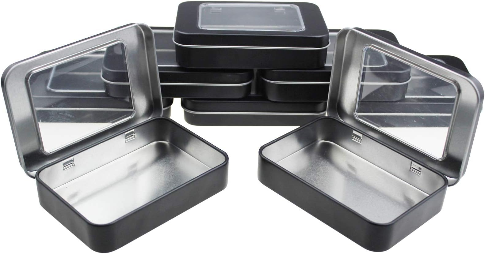 Goodma 8 Pieces Small Rectangular Metal Empty Hinged Tins Home Storage Containers Organizer Mini Box with Clear Window Lid, 3.94 x 2.76 x 0.79 inch (Black)