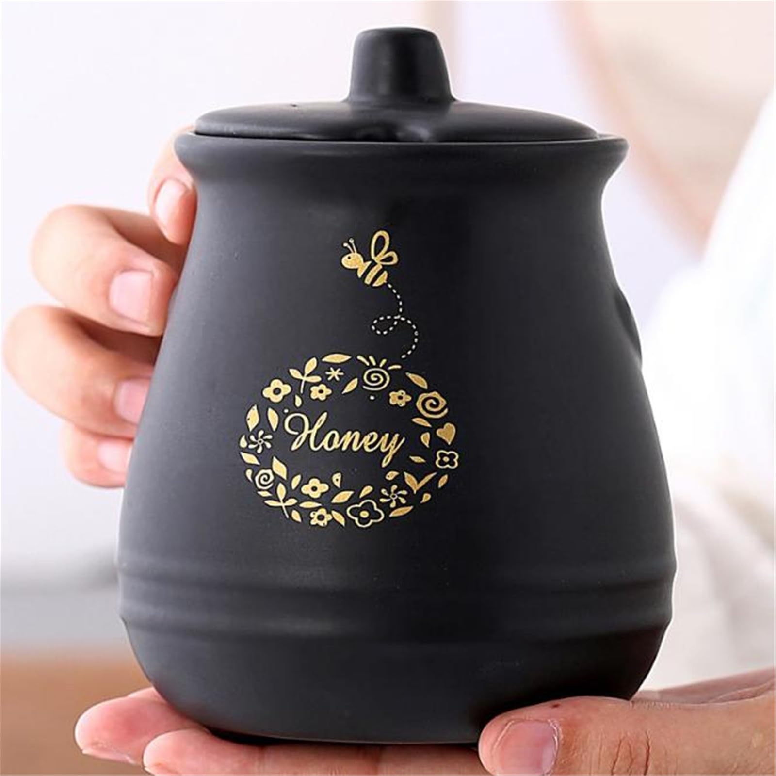 Honigbienentopf, Honigglas, Honigspender, Honigglas, Keramik-Honigglas, Versiegelungsglas mit Deckel, kreatives Vorratsglas for die Küche zu Hause(Black)