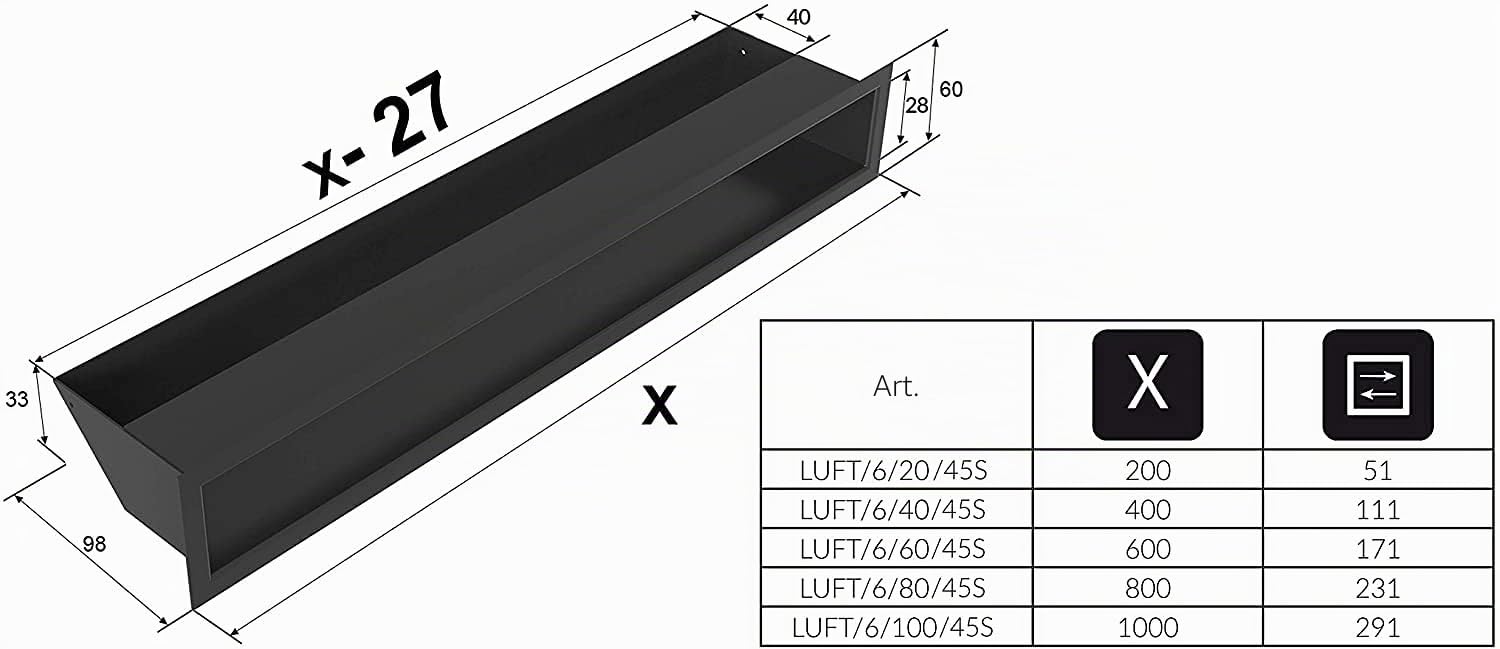 KRATKI griglia di ventilazione AIR 6 x 100 cm bianco resistente al camino | Griglia aria calda 6 x 100 cm; Griglia di scarico per ventilazione camino; Presa d'aria con un angolo di 45 gradi; resistente