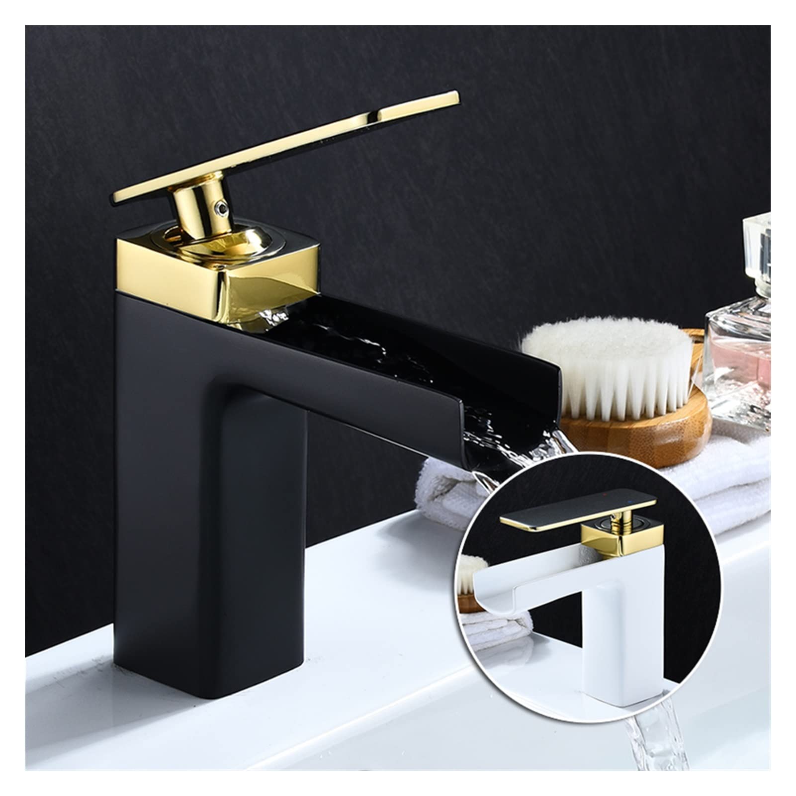 Cudtapi Black Gold Short Bathroom Faucet Black Gold Basin Faucet Bathroom Mixer Tap White Hot Cold Waterfall(Black Gold Short)