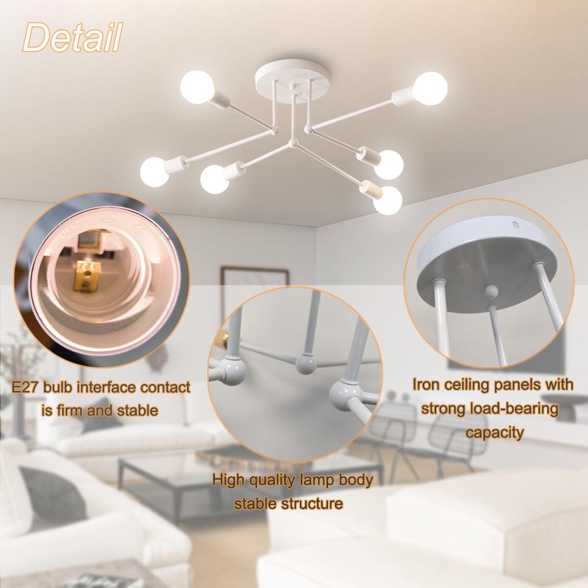 ZTWLEED Ceiling Light Vintage 6 Bulbs Industrial Ceiling Lamp White Ceiling Lamp E27 Shape Adjustable Chandelier Retro Sputnik Ceiling Light for Living Room Bedroom (Without Bulb) - Image 3