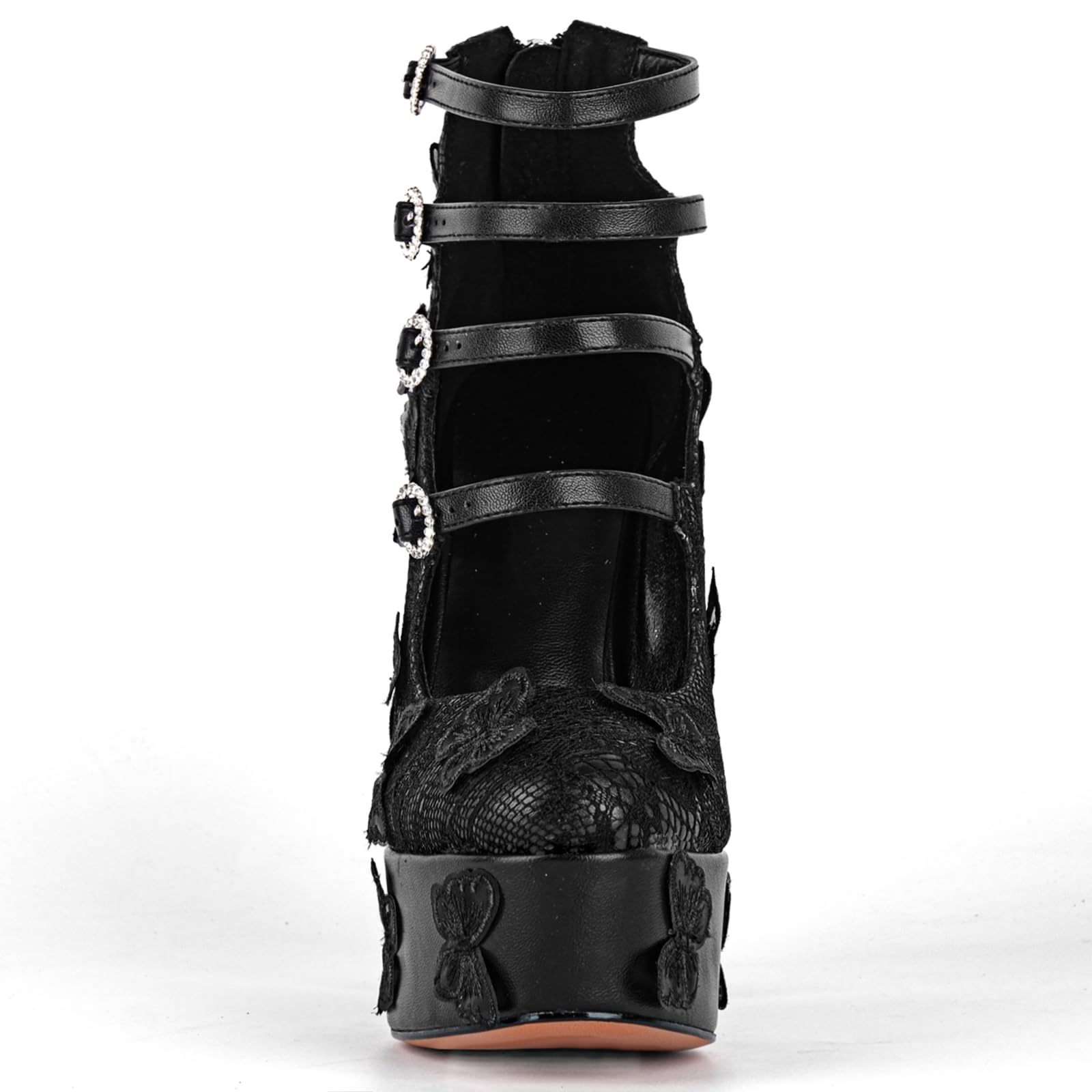 KISTANIA Women's Platform Chunky Heels with Lace Butterfly Square Toe Ankle Strap Mary-Jane Platform Pumps: 8 Black