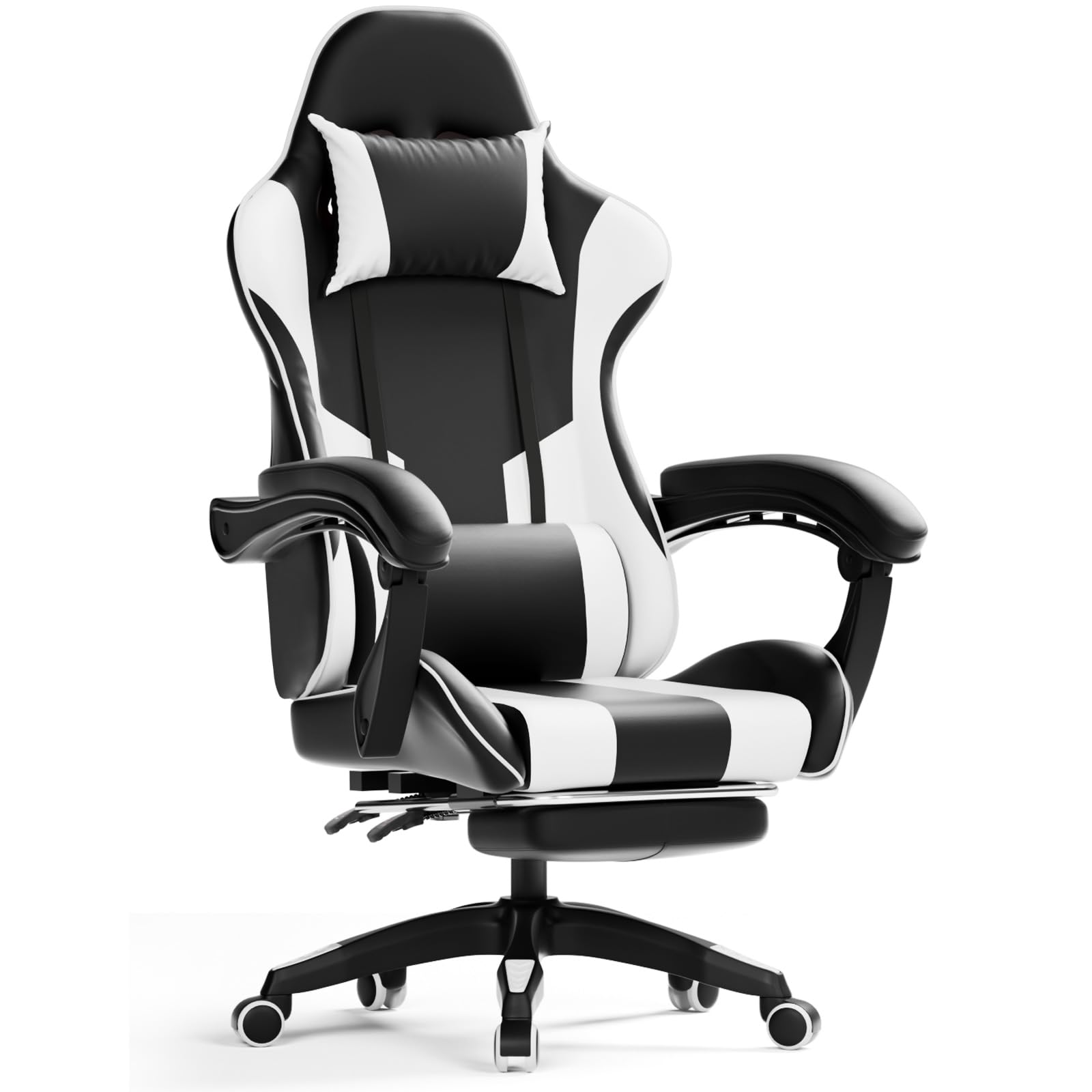 INVOKER Gaming Stuhl, Ergonomischer Gaming Sessel Computer Bürostuhl mit Fußstütze, Gaming Chair, 90-135° Rückenlehne einstellbar PC Stuhl mit 360° drehbar, Schwarz und Weiß