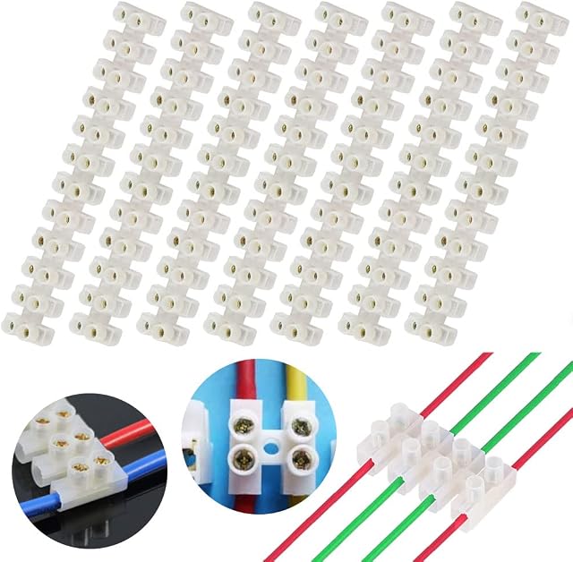 PERFETSELL 10 PCS Electrical Terminal Blocks, 12 Way 6 Amp Electrical Connector Strips Dual Row Screw Terminal Barrier Block White Terminals Choc Blocks Cable Wire Joiner for LED Strip Light, 105mm