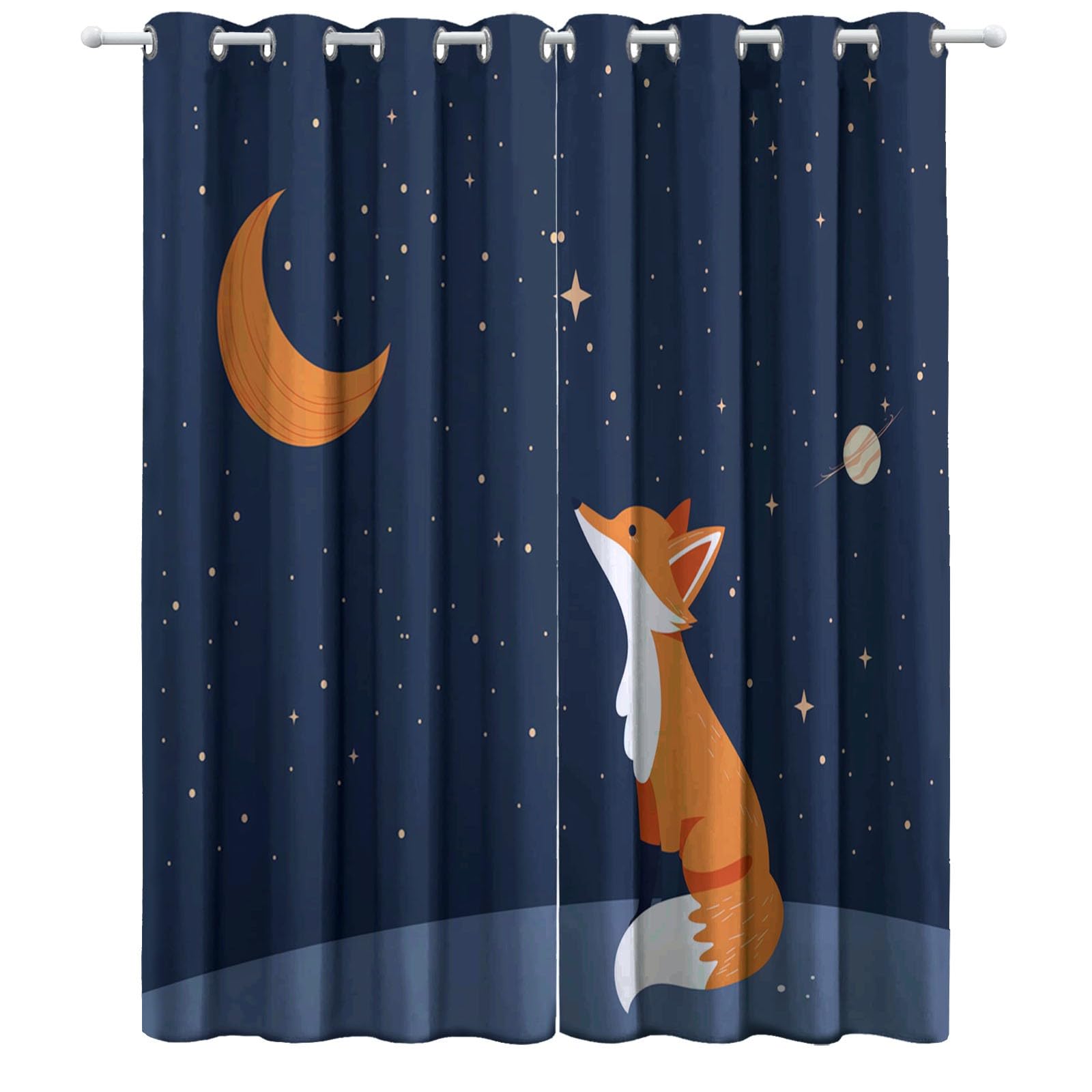 Wärmeisoliert Abdunkelnd LichtundurchlässigVorhänge Blau, Cartoon Fuchs Sternenhimmel Blickdicht Thermovorhang aus Polyester Privatsphäre Schützende Gardinen für Wohnzimmer, 214 x 183 cm