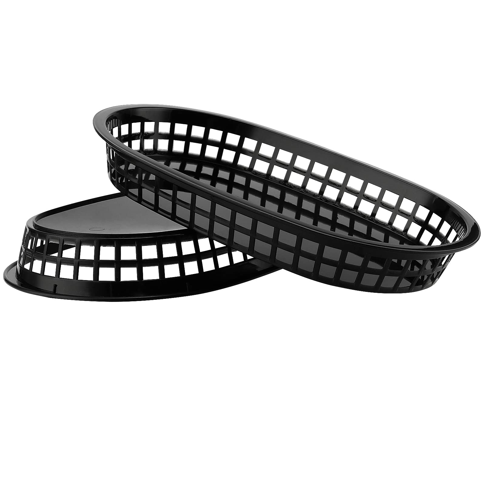 24 Pack Oval Shape Plastic Fast Food Serving Baskets for Bread, Hot Dog, Hamburgers, Sandwiches, Fries, BBQs - Black, 11" x 7"
