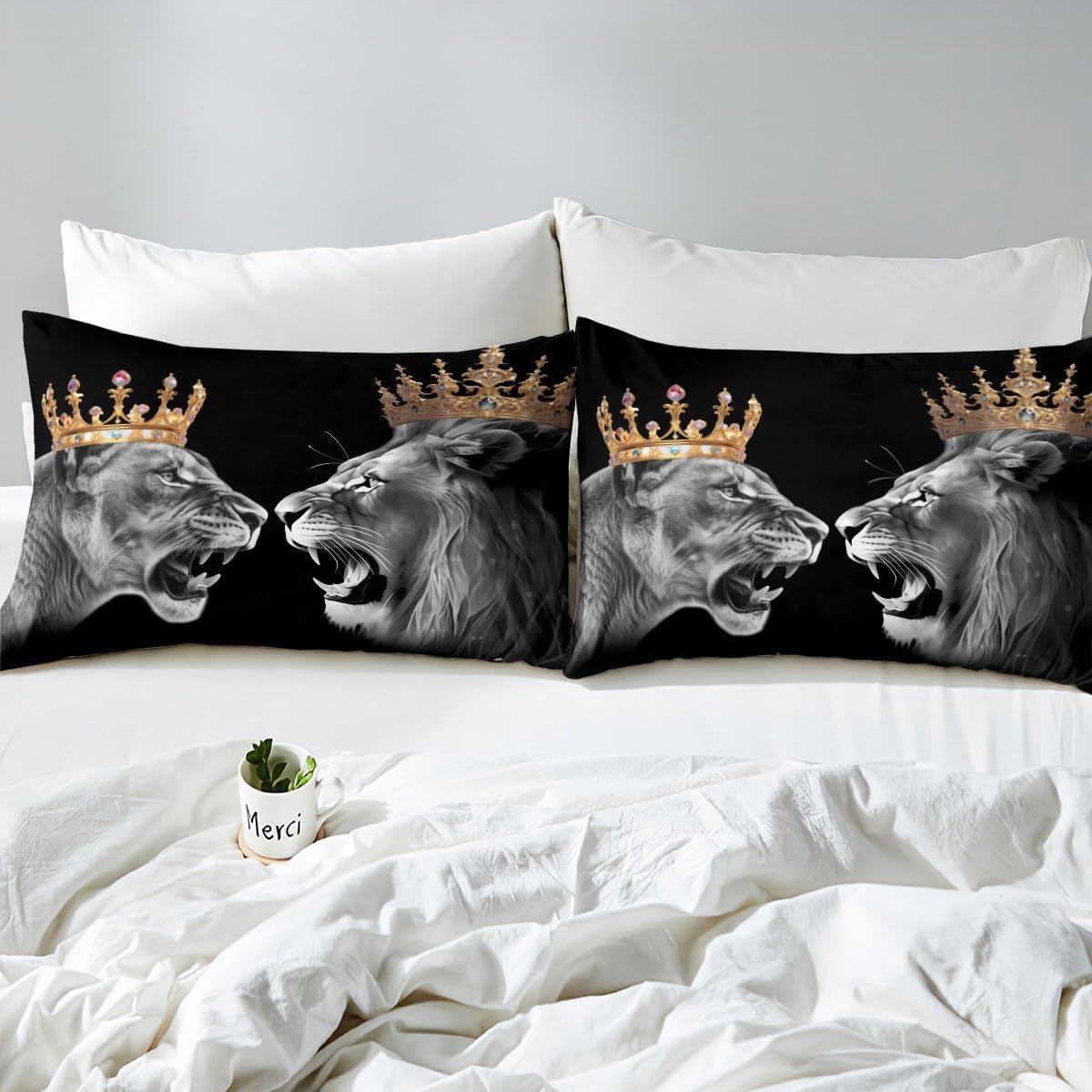 Erosebridal Wild Lion Couple King Size Sheet Sets King and Queen Bed Sheets Set for Women Men Bedroom Gift,Gold Crown Bed Set Safari African Animal Top Sheet Home Decor,Grey Black 4pcs