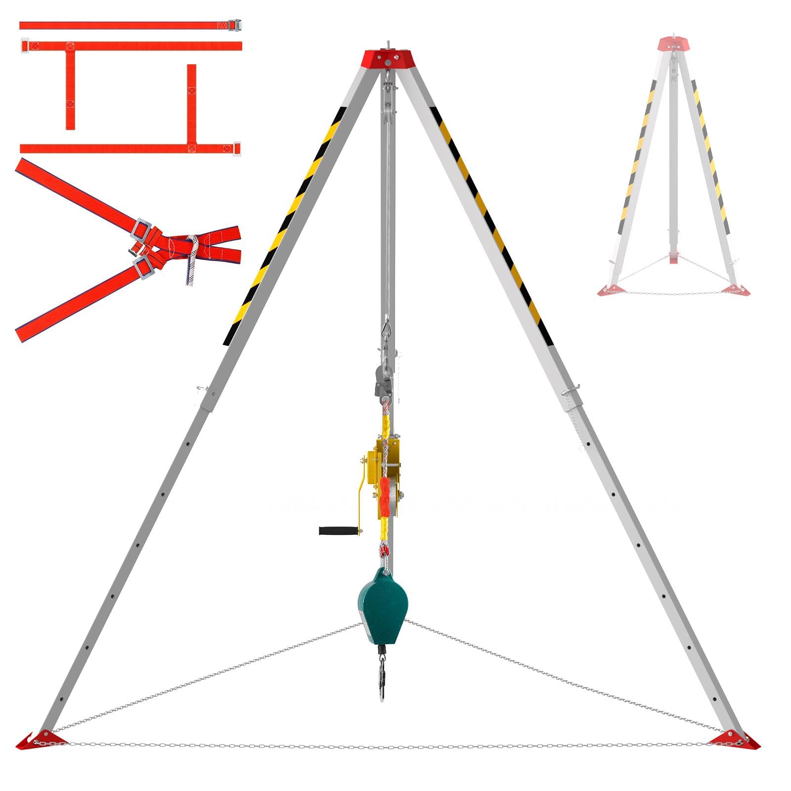 Confined Space Tripod Kit with 2600 lbs Lifting Winch, Adjustable Aluminum Rescue Tripod, 98 ft Steel Cable & Fall Protection for Sewer and Tunnel Work