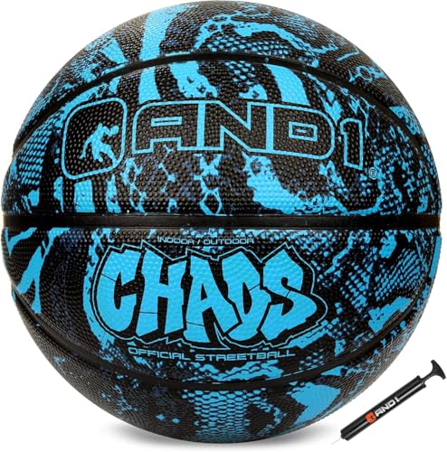 Image of AND1 Chaos Basketball & Pump (Jungle Series)- Official Size 7 (29.5 inch) Streetball, Made for Indoor and Outdoor Basketball Games (Blue /Black)