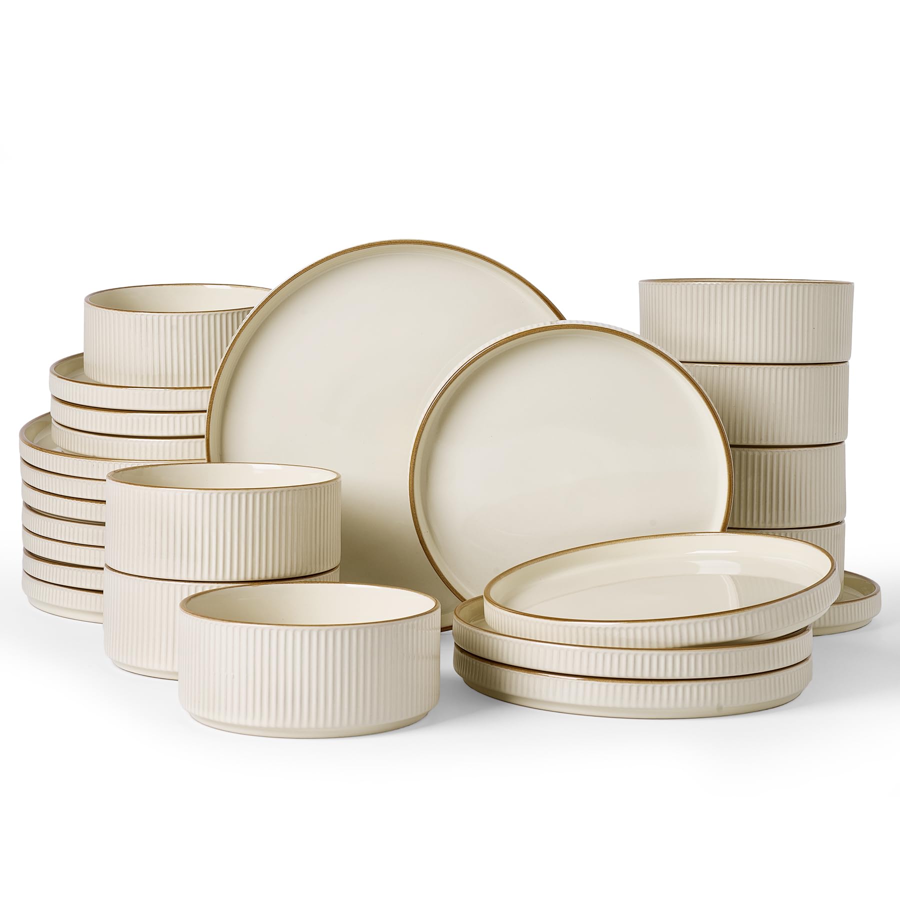 Famiware Stoneware Dinnerware Set for 8, Rimmed Plates, Bowls, Cream Dishes