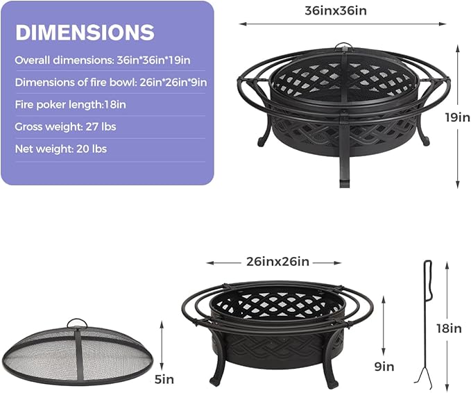 Brasero Panovue 36 pulgadas Hierro Negro Redondo para Exterior miniatura 2