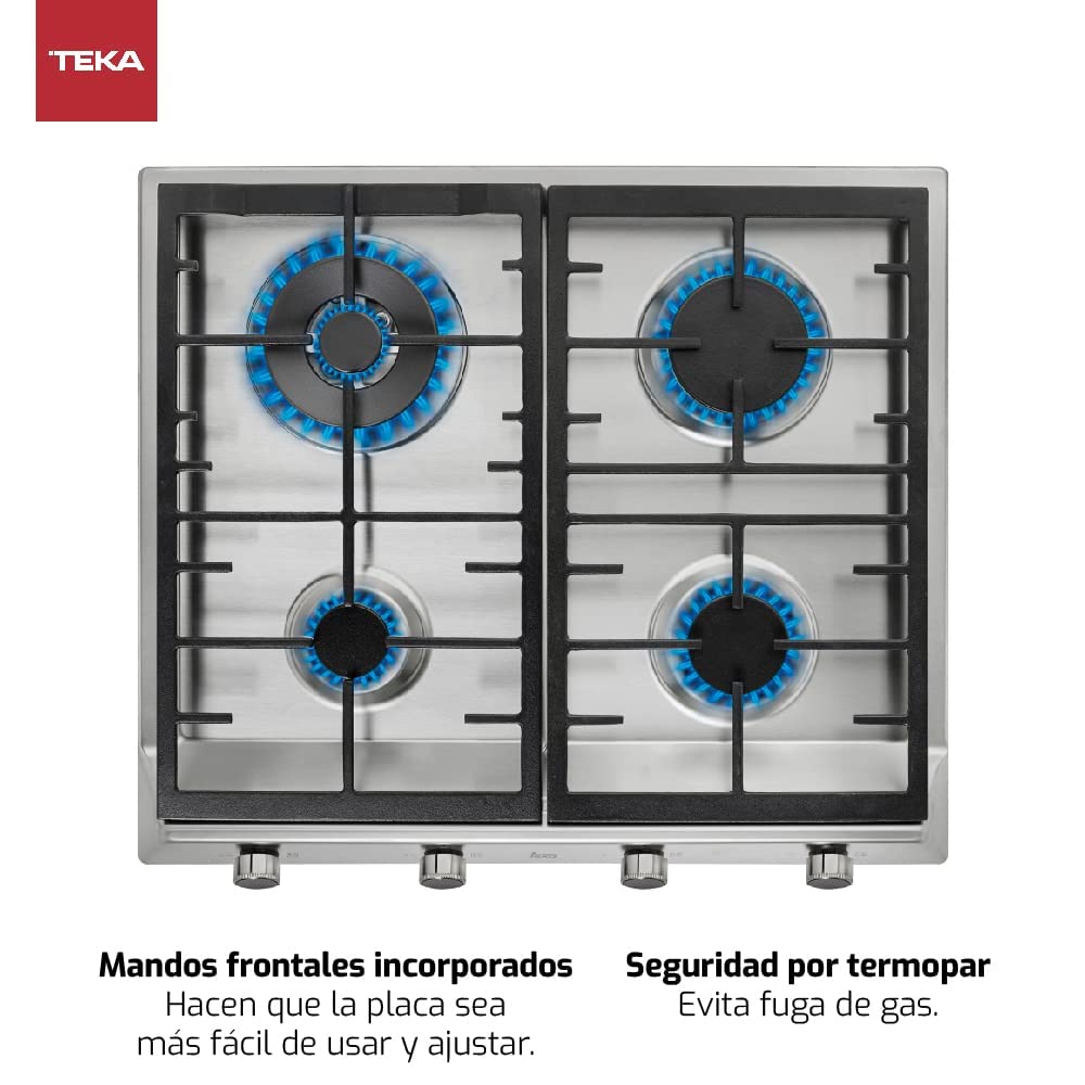 TEKA Cocina de Gas 58 cm, 4 Fuegos, Doble Anillo, Mandos Frontales Metalizados, Quemadores Alta Eficiencia, Autoencendido, Seguridad Termopar, Modelo EX 60.1 4G AI AL DR CI