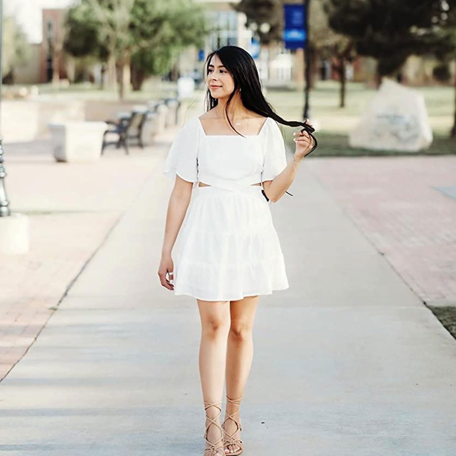 Senllen Womens Summer Dresses 2025 Short-Sleeve Square Neck Mini Dress Crossover Elastic Waist Casual Party Tiered Dress - Image 5