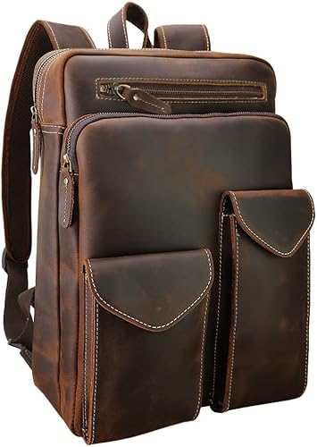 Masa Kawa Mochila pequeña de cuero de grano completo para hombre, estilo vintage, de 14 pulgadas, para laptop, negocios, trabajo, senderismo,