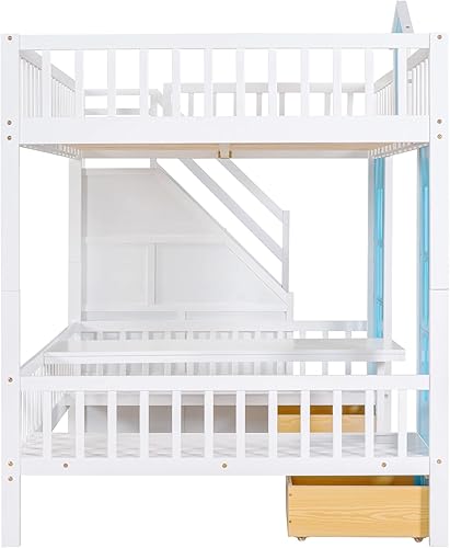Miniatura 9 de Quarte Elegante litera individual sobre individual con nido y escaleras litera de madera maciza con armario de almacenamiento y escaleras para niños