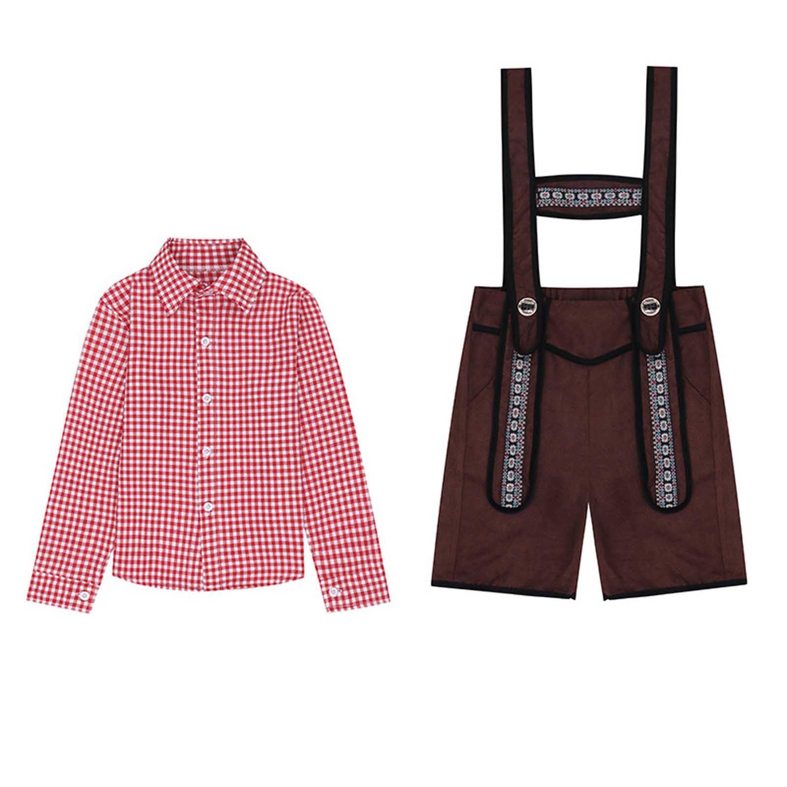 Generisch 2 Teilig Trachtenset Kinder Oktoberfest Kostüm Set, Kariert Trachtenhemd Jungen, mit Lederhosen Kinder, Kleidung Bayerlsches für Oktoberfest, Volksfest