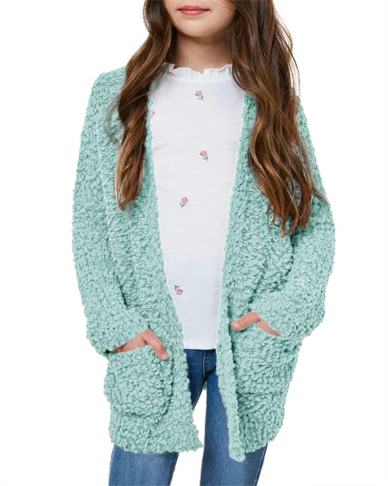 Imily Bela Girls Cardigan Open Front Popcorn Knit Long Sleeve Sweaters Coat