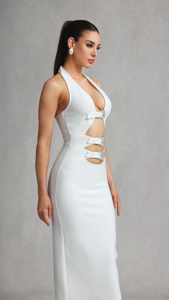 White Sexy Trendy Vacation Party Sleeveless Cutout Bodycon Dress Knit Halter Strappy Low Cut Bandage Midi Prom Dress : Clothing, Shoes & Jewelry