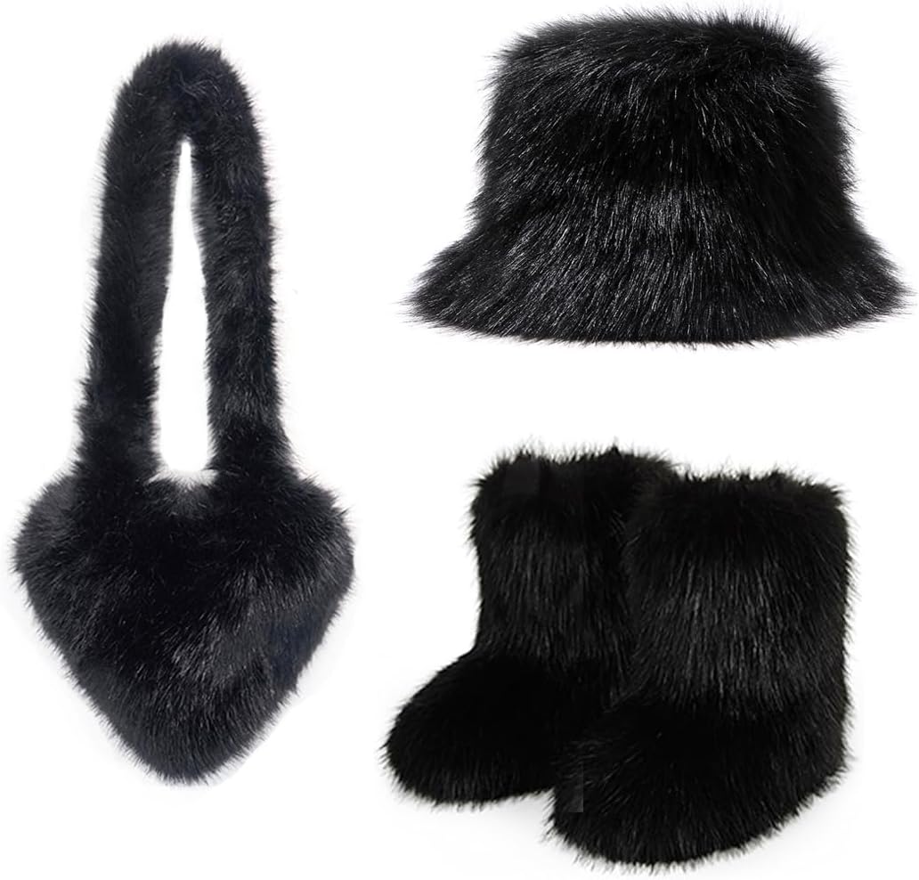 yamerbo Women's Faux Fur Snow Boots Fur Purse Furry Bucket Hat Sets, Fuzzy Mid-Calf Shoes Heart Shaped Shoulder Bag Sets
