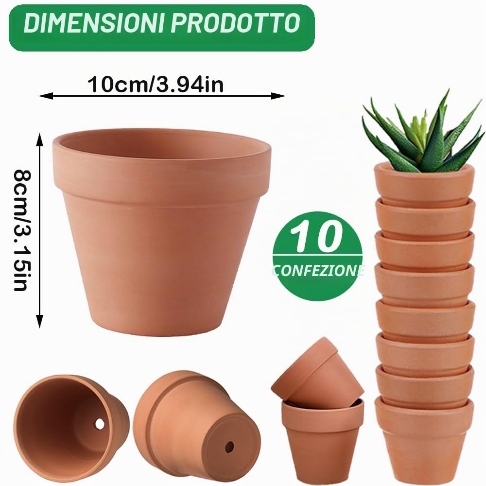 Set di Vasi in Terracotta 10 x 8 cm - Mini Contenitori con Foro di Drenaggio Riutilizzabili per Camera e l'Ufficio (Confezione da 10)