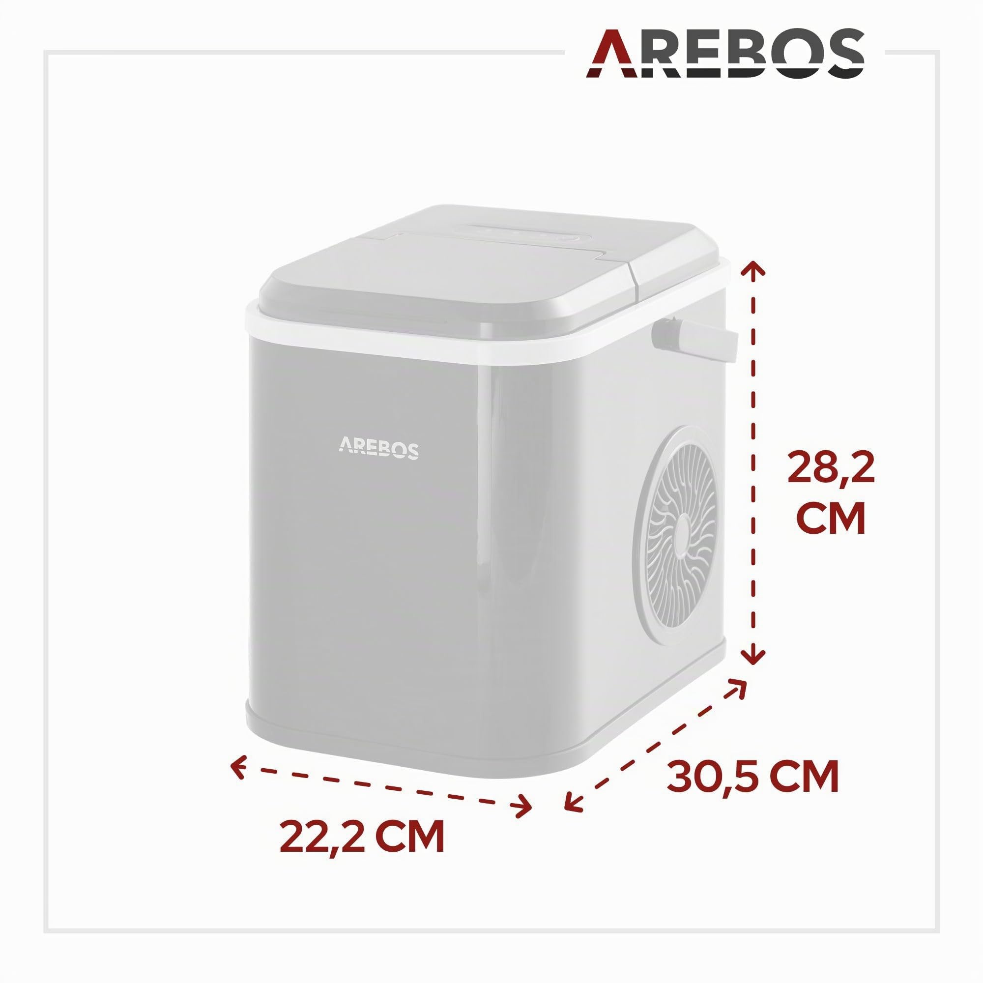 Arebos Fabbricatore di cubetti di ghiaccio | 12 kg / 24 h | Tempo di produzione di 10-15 minuti | Serbatoio dell'acqua da 1,1 litri | Silenzioso | Funzione autopulente | Nero