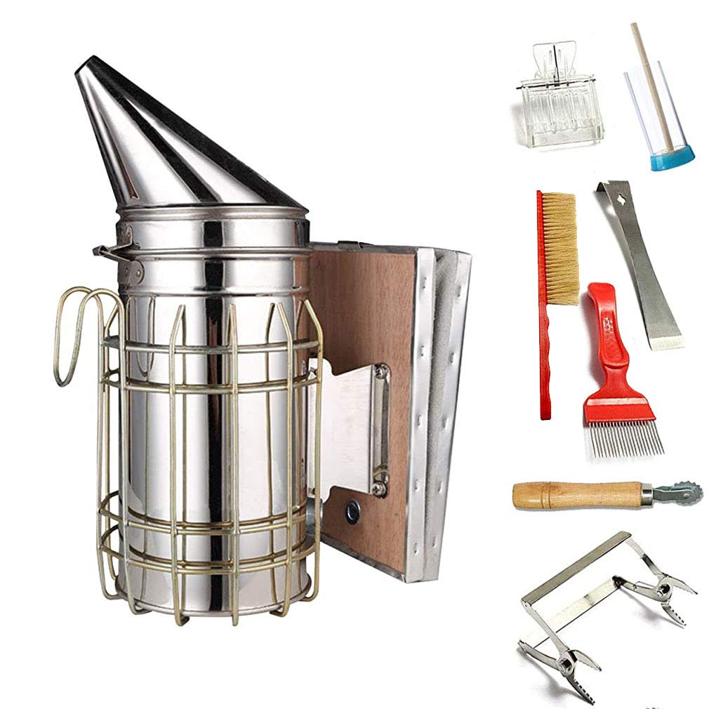 Set di 8 attrezzi per apicoltura per alveare, affumicatore grande in acciaio, accessorio per apicoltura, Multicolore