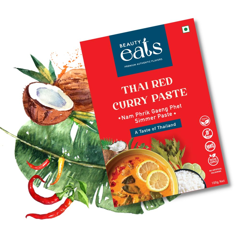 Beauty Eats Thai Red Curry Paste | 100% Vegetarian | MSG Free | Preservative Free | Serves 4-6 people | No Artificial Coloring | Ready to Cook | people | Vegan (Pack of 1, 100gm)