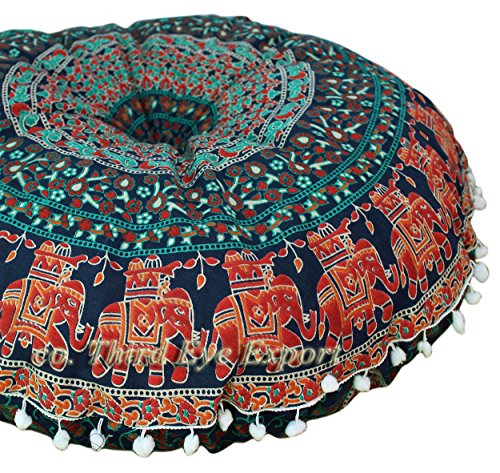 Third Eye Export - 32 in Mandala Barmeri Large Round Floor Pillow Cover Cushion Meditation Seating Ottoman Throw Cover Hippie Decorative Zipped Bohemian Pouf (Blue 4)