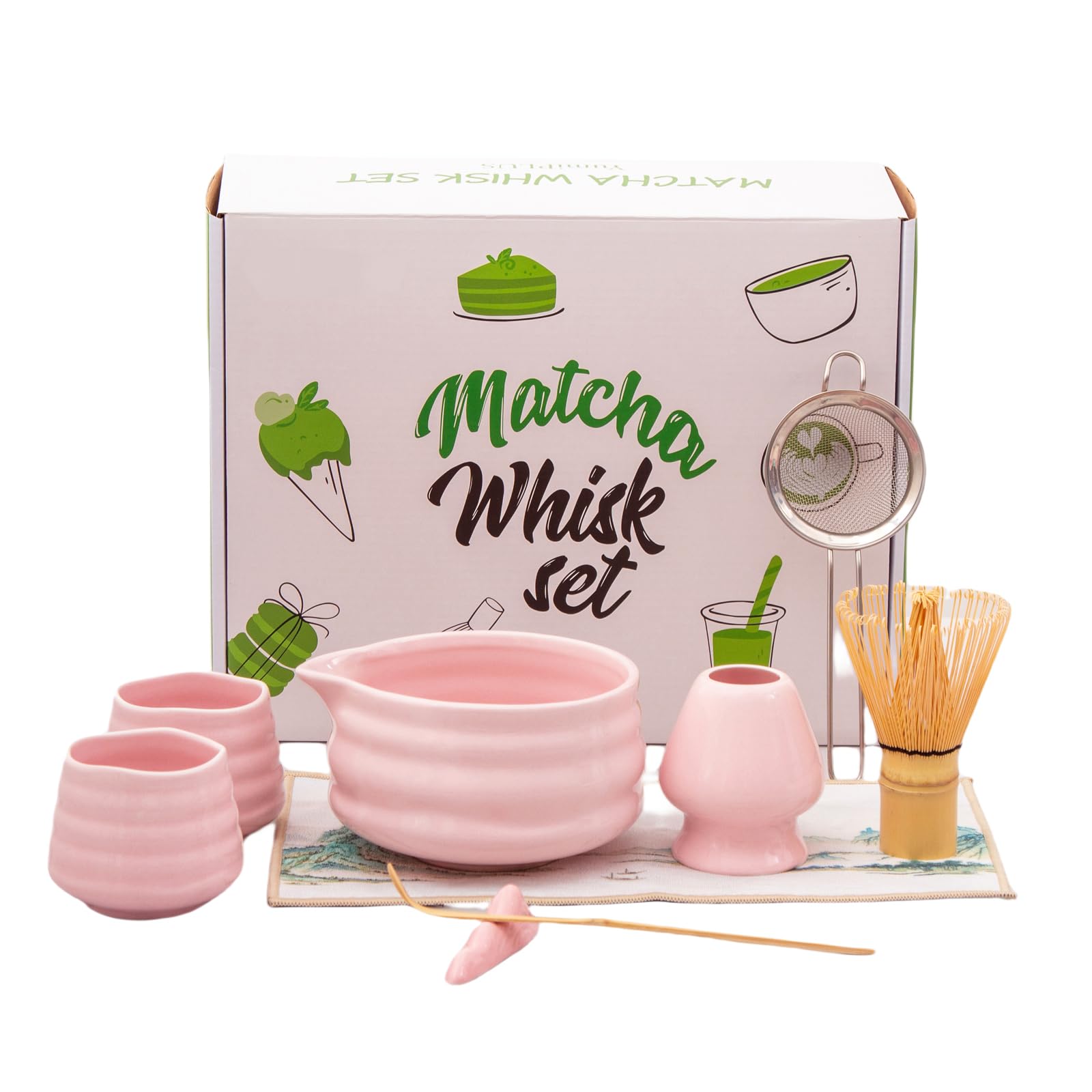 Matcha Set 9-Teiliges, Matcha Set Rosa mit Matcha Besen,Chasen,Matcha Schale,2 Matcha Tasse,Sieb,Löffel, Keramikschaufelständer,Teetuch aus Baumwolle Macha Tea Set Für Matcha-Liebhaber