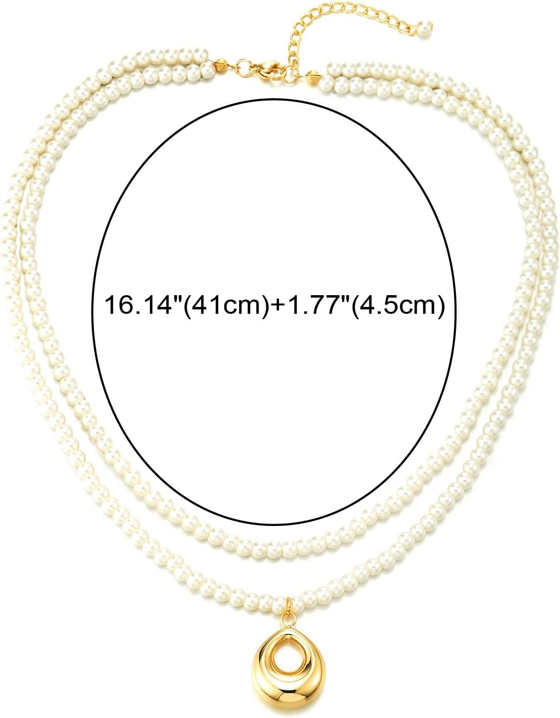 Two-Strand Pearl Necklace, Statement Necklace Elegant Layered Pearl Chains with 18K Gold-Plated Oval Charm - Image 4