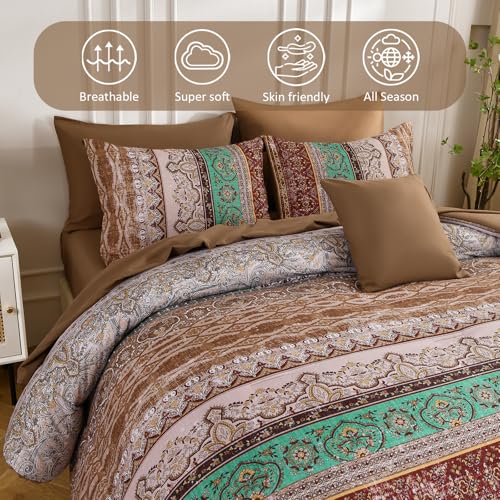 Image of Cottolester Boho Comforter Set Full Size 8 Pieces, Brown Bohemian Striped Bed in a Bag, Paisley Soft Microfiber Bedding Comforter Set