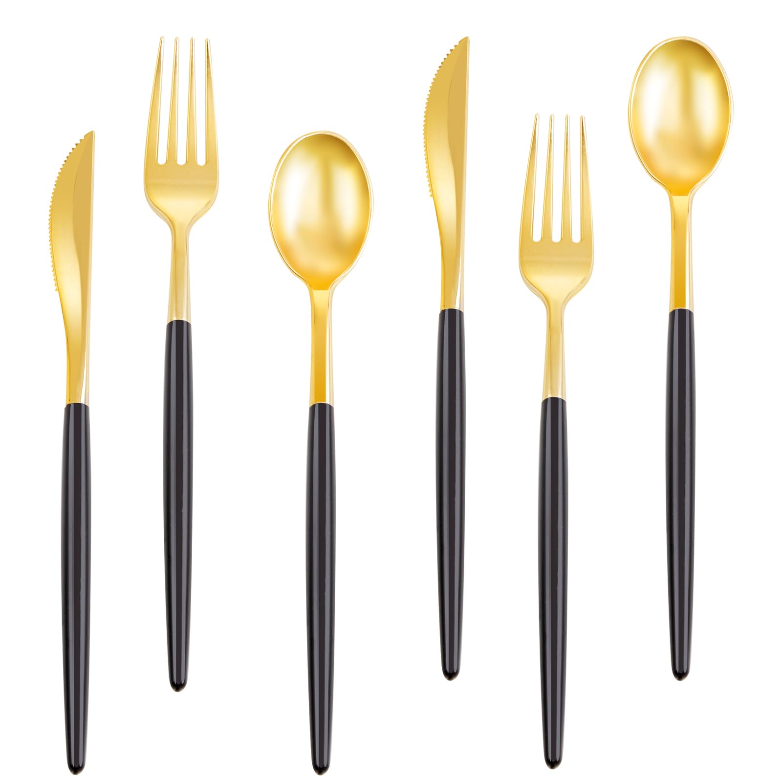 Rubtlamp 96 Pcs Gold Disposable Silverware, Plastic Cutlery, Gold Utensils Plastic with Black Handle Include 32Forks, 32Spoons, 32Knives for Party