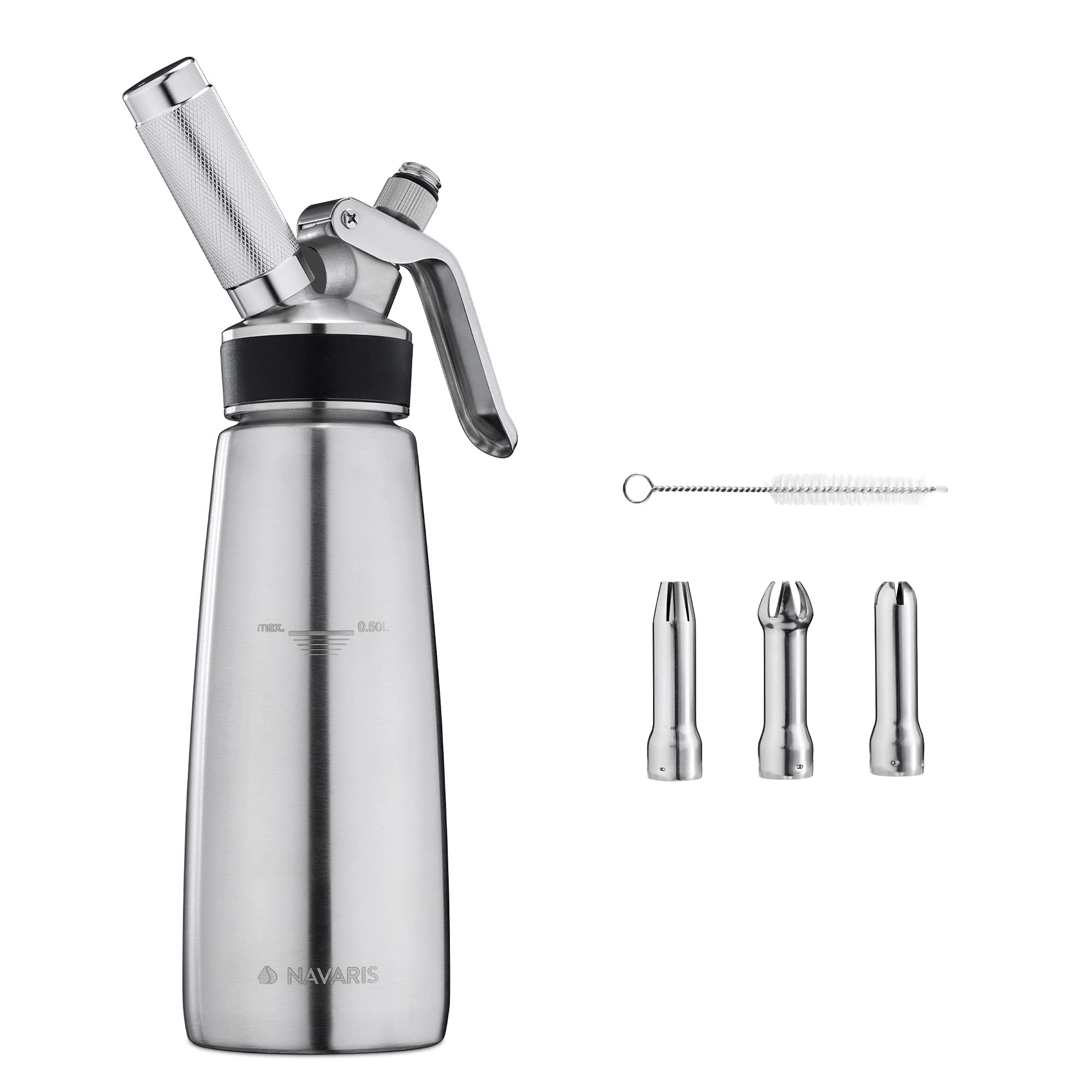 Navaris Sifón de cocina frío y caliente - Dispensador de nata de 500 ML - Set de acero inoxidable para montar crema con 3x boquilla para cargas N20