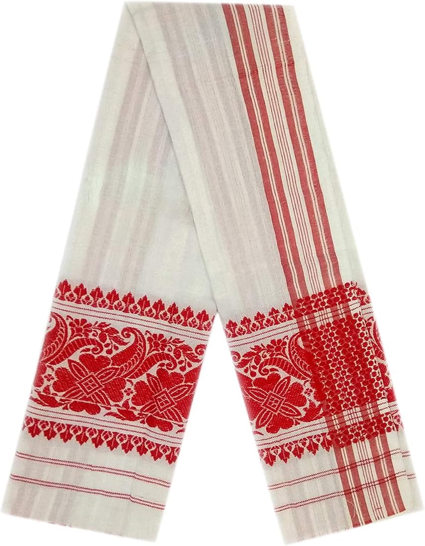 Assamese Pure Gamusa, White and Red, Traditional Floral Woven Design, for Men and Women-picture-23