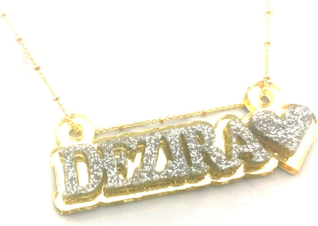 MIRROR MANIAName Plate Custom Name Necklace Nameplate Name Laser Cut Personalized, Diamond Look Letters with Gold Back, Gold Chain and Heart, Made To Order Any Name - Dazzling and Stunning!