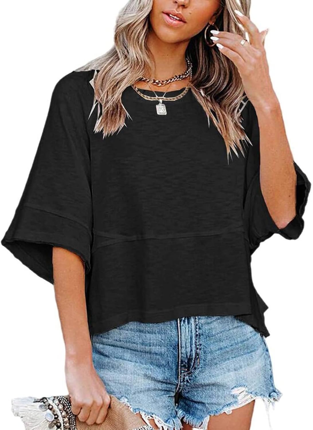 Women's Fashion Casual T Shirt Round Collar 3/4 Sleeve Plain Color Tees Summer Tops Blouses - Image 3